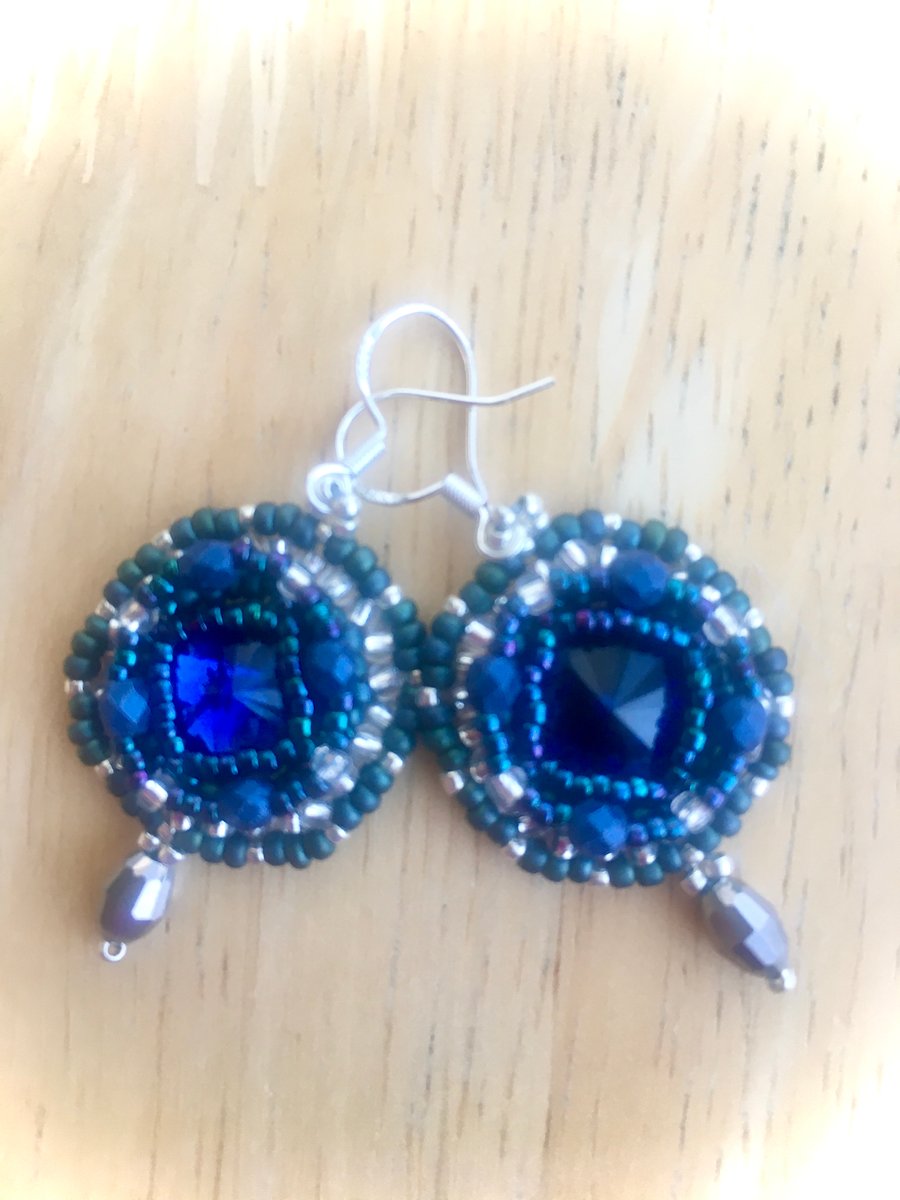 Sapphire Blue And Silver Beadwork Earrings