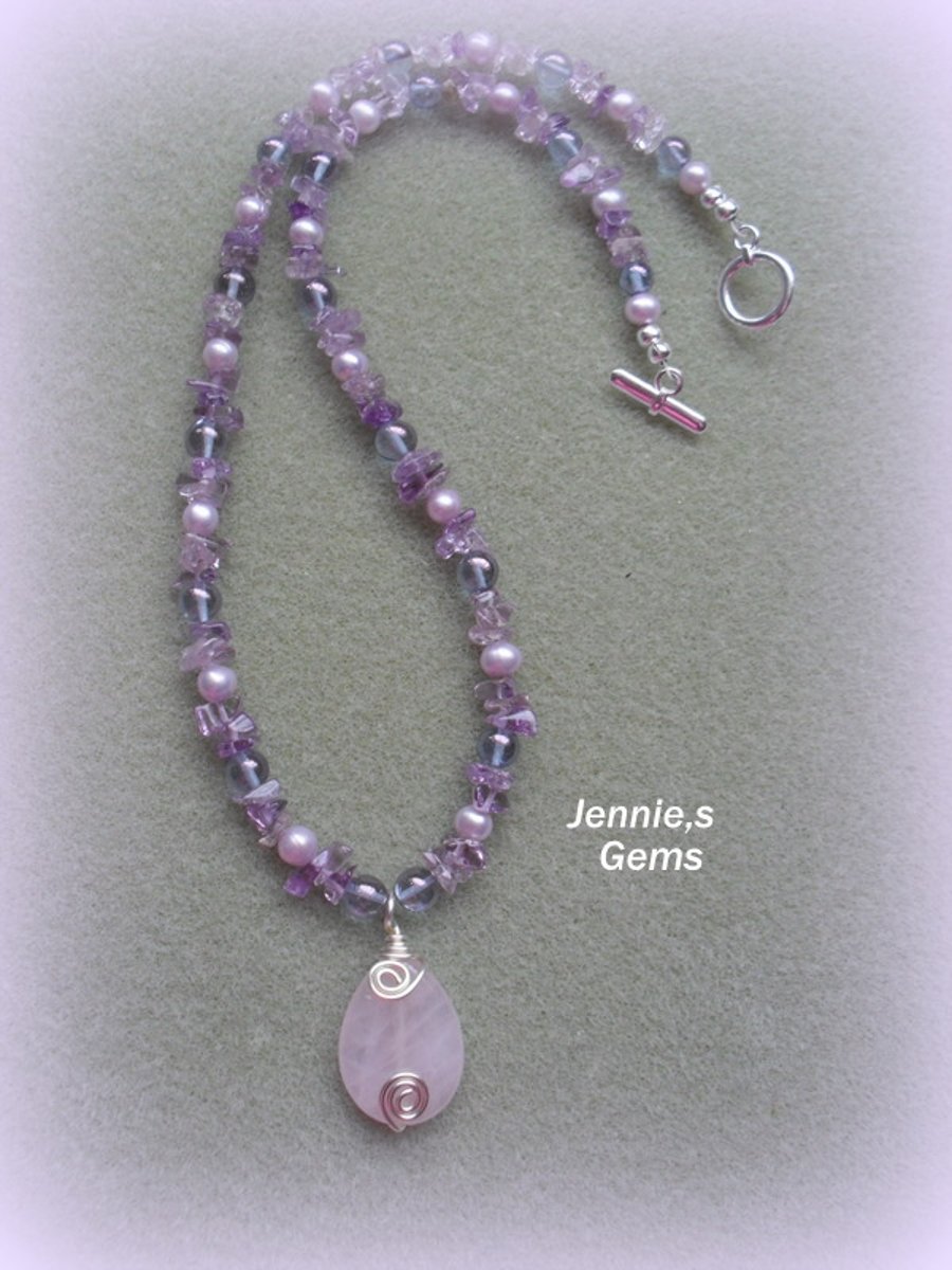 Quartz,Pearl and Amethyst Necklace