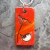 Handmade Ceramic Wren under Cow Parsley pendant in red, flame orange and brown