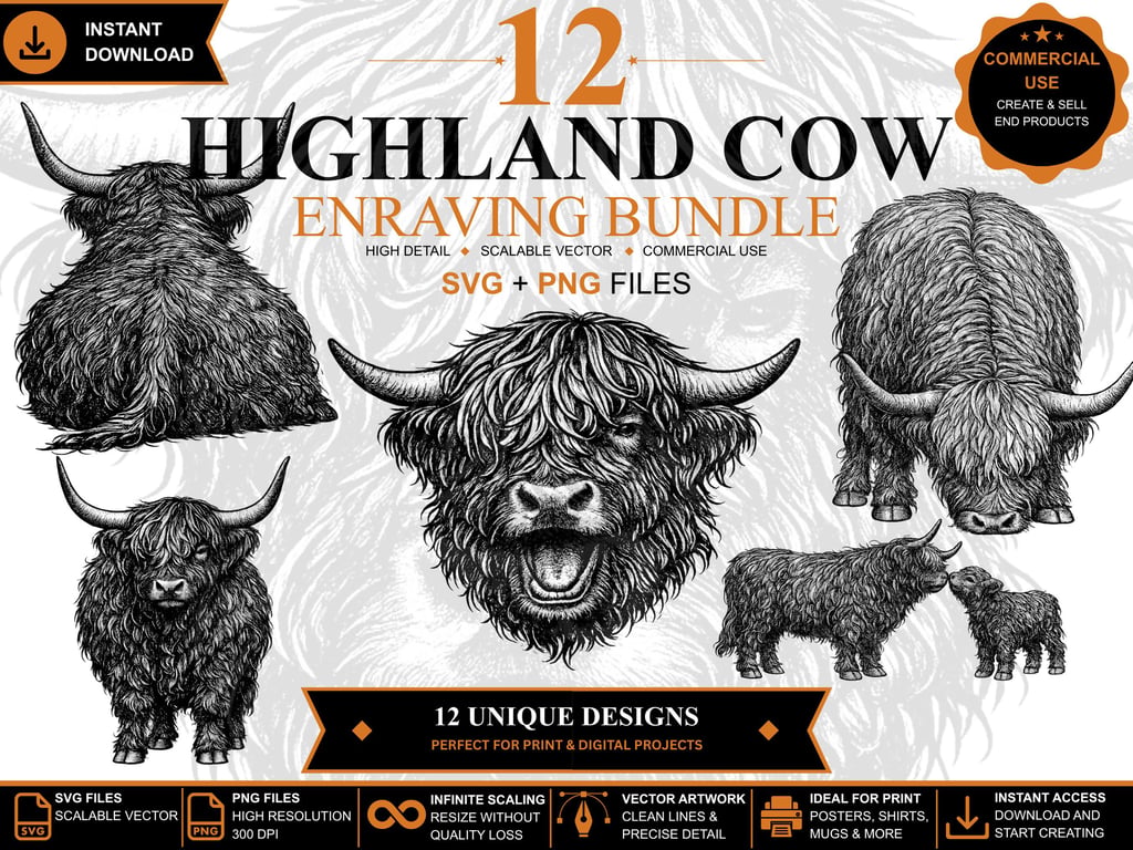 12 Vintage Highland Cow Engraving SVGs Animal Clipart Bundle (Digital Download)