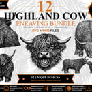12 Vintage Highland Cow Engraving SVGs Animal Clipart Bundle (Digital Download)