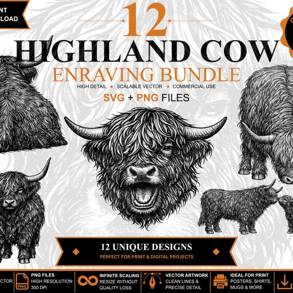 12 Vintage Highland Cow Engraving SVGs Animal Clipart Bundle (Digital Download)