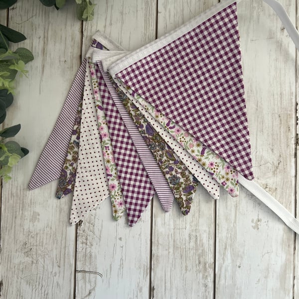 Handmade Fabric Bunting 10 Flags in Purple & White Floral and Patterned Design