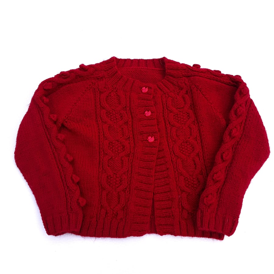 Burgundy red hand knitted baby cardigan with cable patternto fit 22 inch chest  