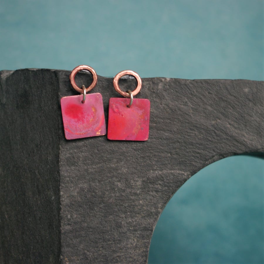 Copper Circle and Square Dangle Earrings