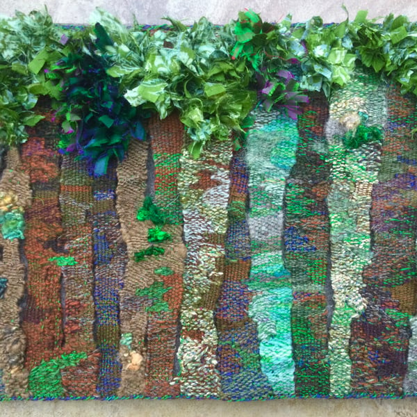 Mounted handwoven tapestry weaving,  textile art in browns, greens and blues