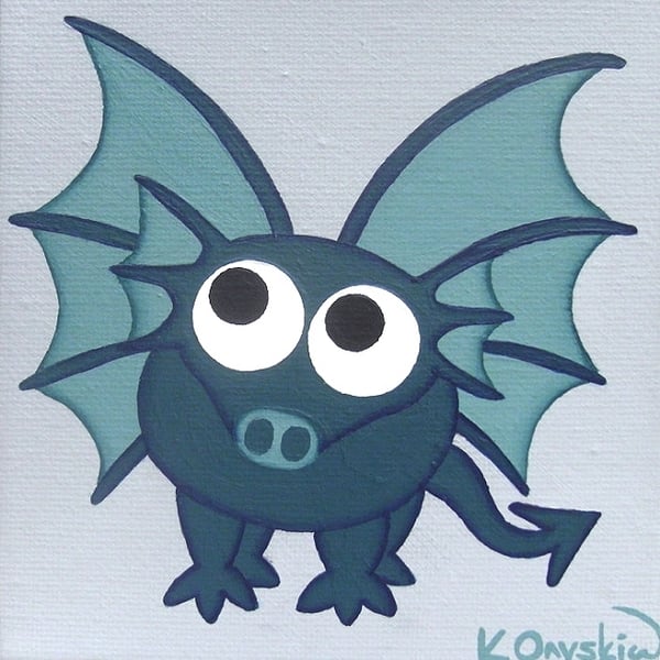 Dragon Nursery Art - cute baby dragon painting on small grey canvas