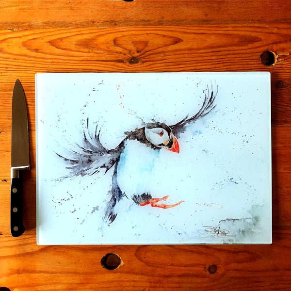 Puffin Glass Chopping Board, Kitchen Worktop Saver, Table Mat, Cutting Mat. Wate