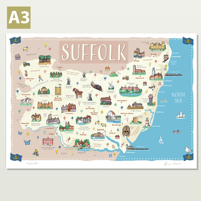 Suffolk map print, A3 illustrated travel poster