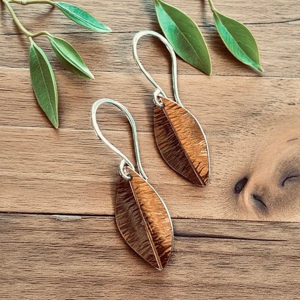 Copper hammered leaf earrings