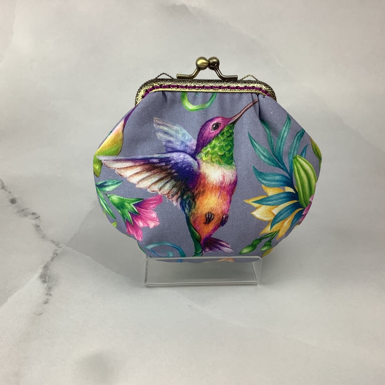Hummingbirds small clutch bag, Birds makeup bag, Optional chain, Handmade