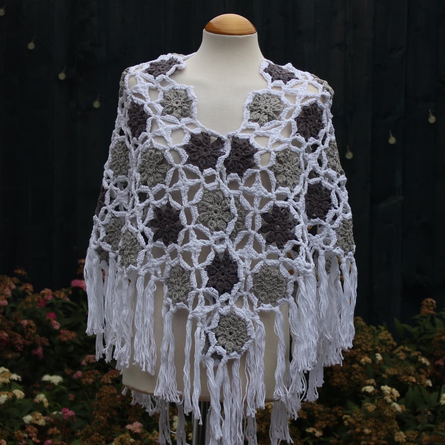 White and grey colours aran weight cotton crochet shawl - design A447