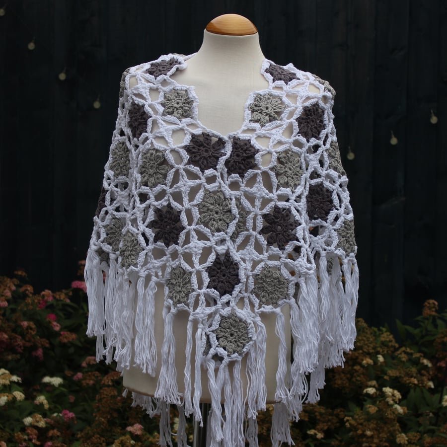 White and grey colours warm and cosy cotton crochet shawl - design A447