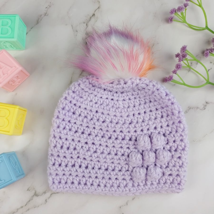 Lilac Crochet Baby Hat Newborn to 3 Months with Bobble Flower and Pastel Pom 