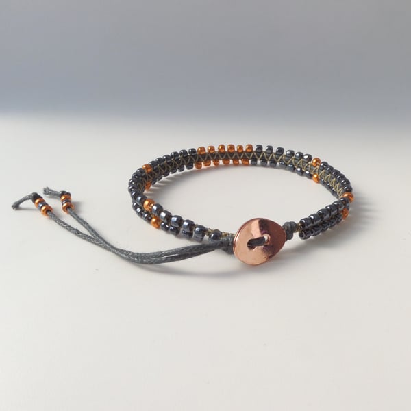 Grey Cotton Bracelet, Gunmetal and Copper Beaded Macramé