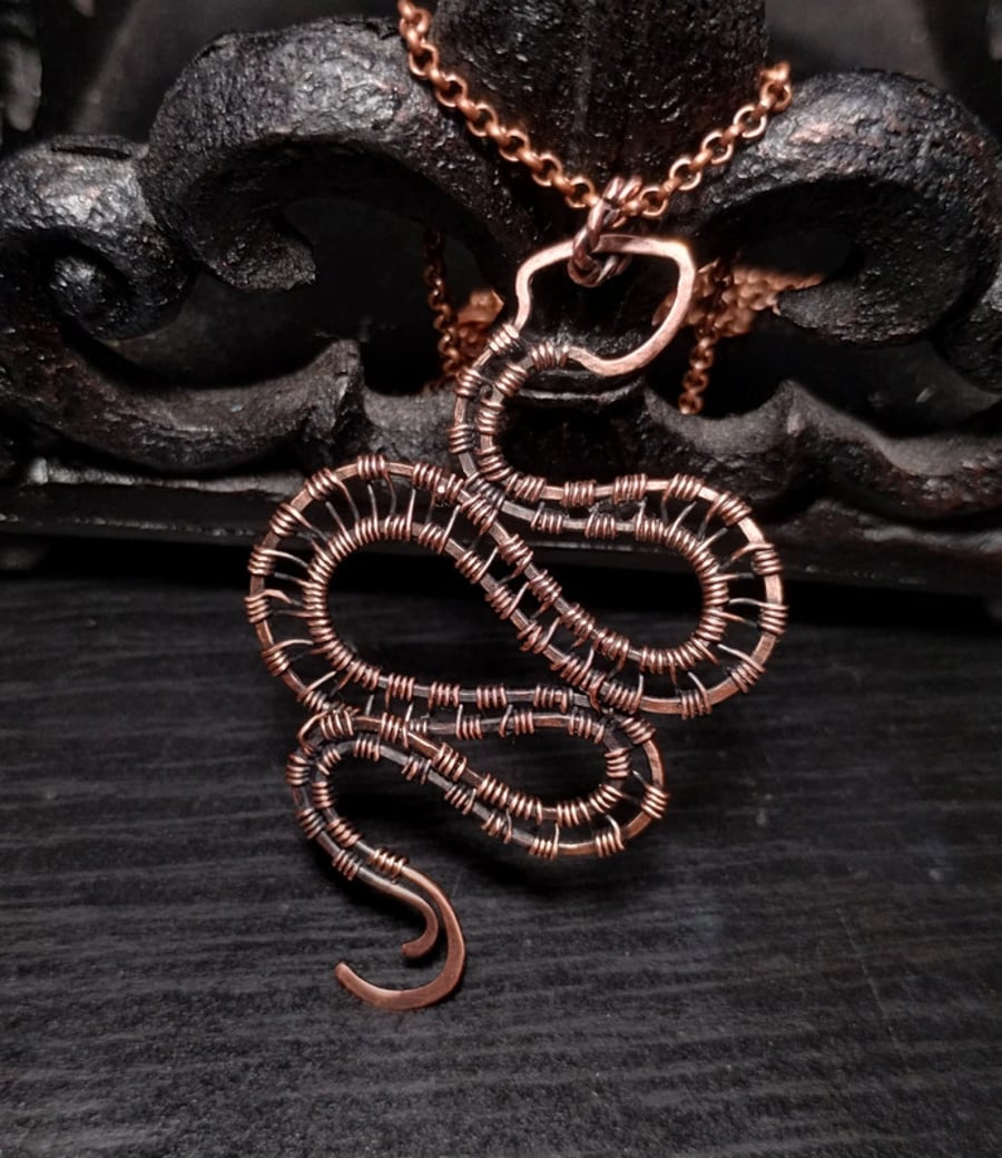 Copper handmade wirewrap snake pendant, Goth necklace, Whimsigoth, Witchy