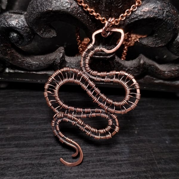 Copper handmade wirewrap snake pendant, Goth necklace, Whimsigoth, Witchy