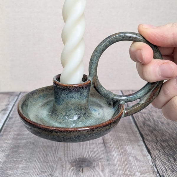 Perfectly imperfect Blueish brown ceramic taper candle holder 
