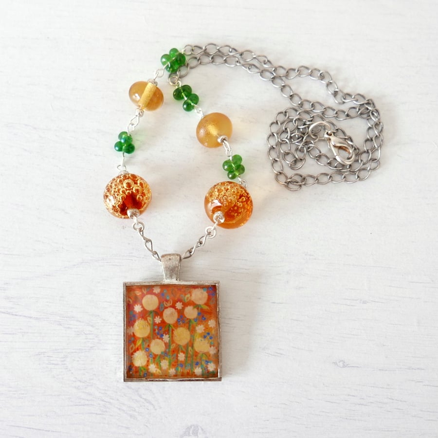 Yellow Pendant Necklace with Dandelions Art Print and Lampwork Glass 