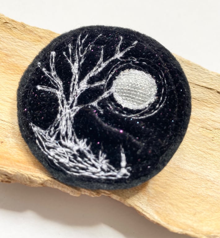 Up-cycled full moon and tree brooch pin or badge.