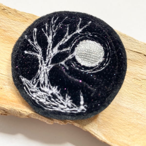 Up-cycled full moon and tree brooch pin or badge.