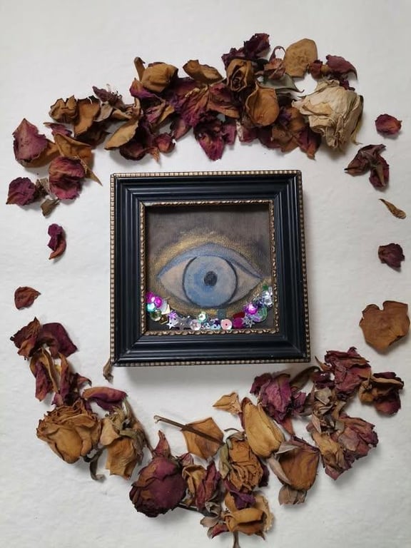 Victorian lovers eye style painting, mini mixed media framed piece of art