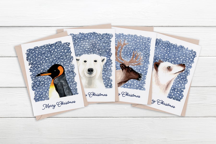 Merry christmas winter animal cards pack of 4.