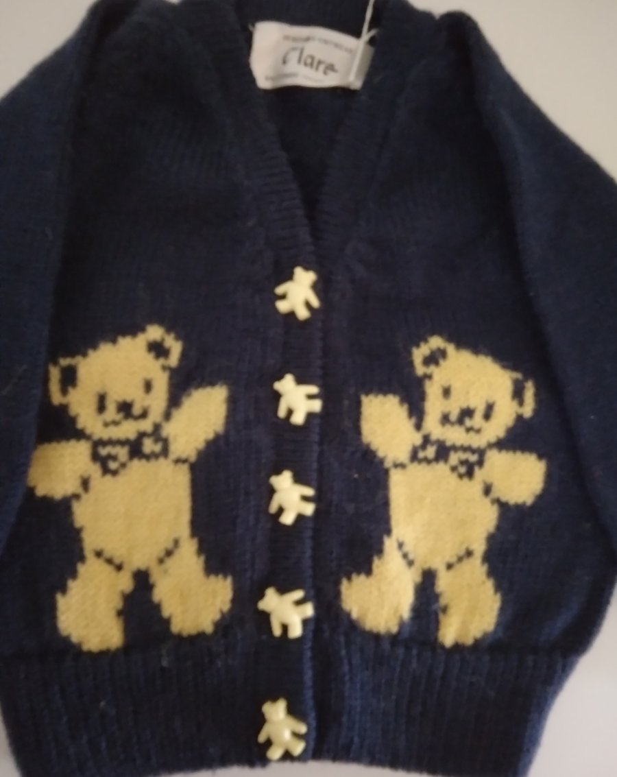 Navy baby cardigan with yellow teddy bears. 6-12 months. Seconds Sunday