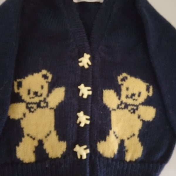 Navy baby cardigan with yellow teddy bears. 6-12 months. Seconds Sunday