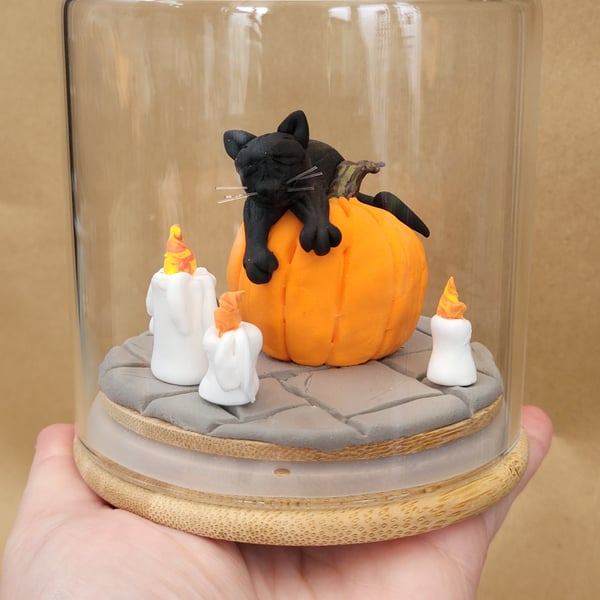 Asleep on the job - Sleeping cat ornament in a glass jar