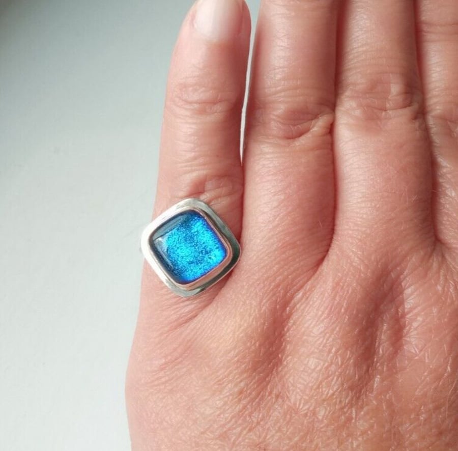 Fine Silver & Recycled Sterling Silver Deep Blue Dichroic Glass Ring UK Size L