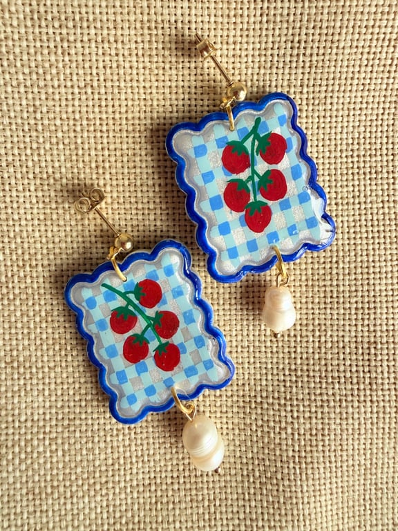 Blue Gingham Tomato Pearl Earrings