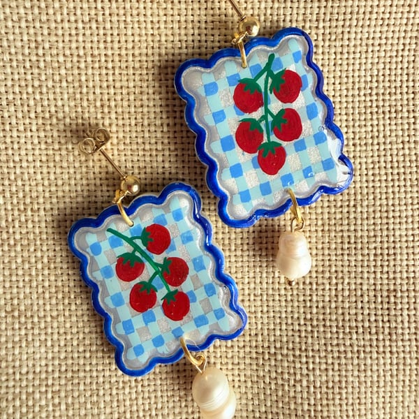 Blue Gingham Tomato Pearl Earrings
