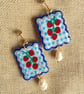 Blue Gingham Tomato Pearl Earrings