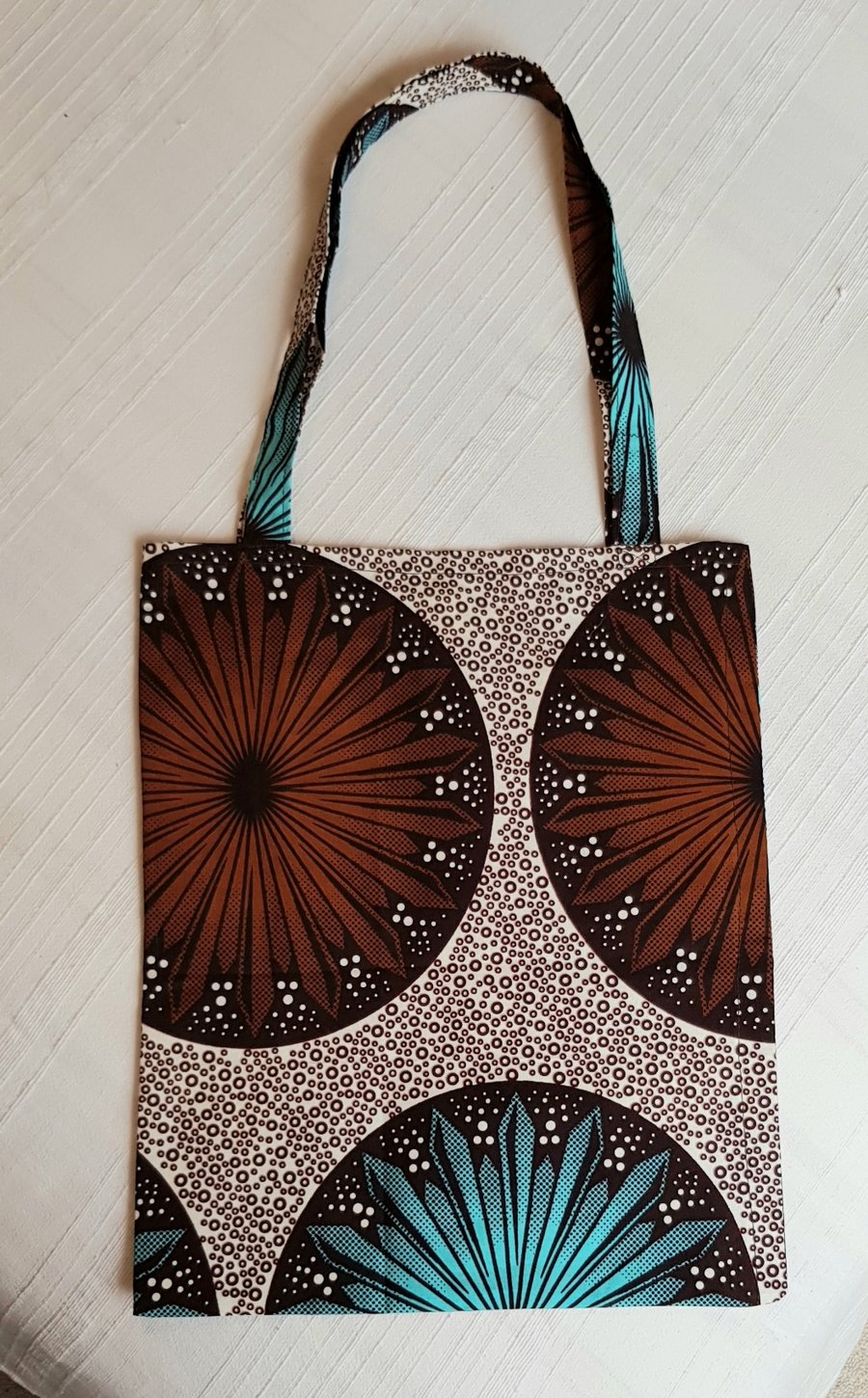 African fabric tote bag: teal & brown
