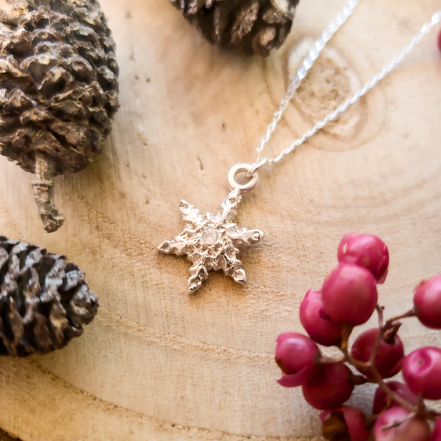 Snowflake Pendant - Recycled Silver Necklace with Cubic Zirconia