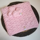 Hand knitted baby gift set , blanket and booties