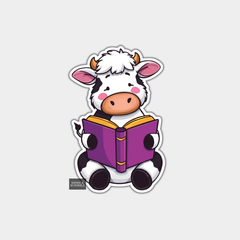 Funny Vinyl Sticker For Adults - Cute Cow & Book