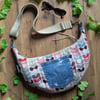 Small Dumpling Bag, Sling Style Cross Body Bag - Retro Flower and Upcycled Denim