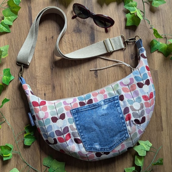Small Dumpling Bag, Sling Style Cross Body Bag - Retro Flower and Upcycled Denim