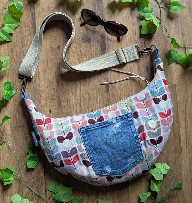 Small Dumpling Bag, Sling Style Cross Body Bag - Retro Flower and Upcycled Denim
