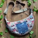 Small Dumpling Bag, Sling Style Cross Body Bag - Retro Flower and Upcycled Denim