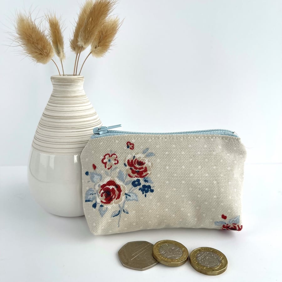 Small Purse, Coin Purse in Patchwork Print Floral and Polka Dot Fabric