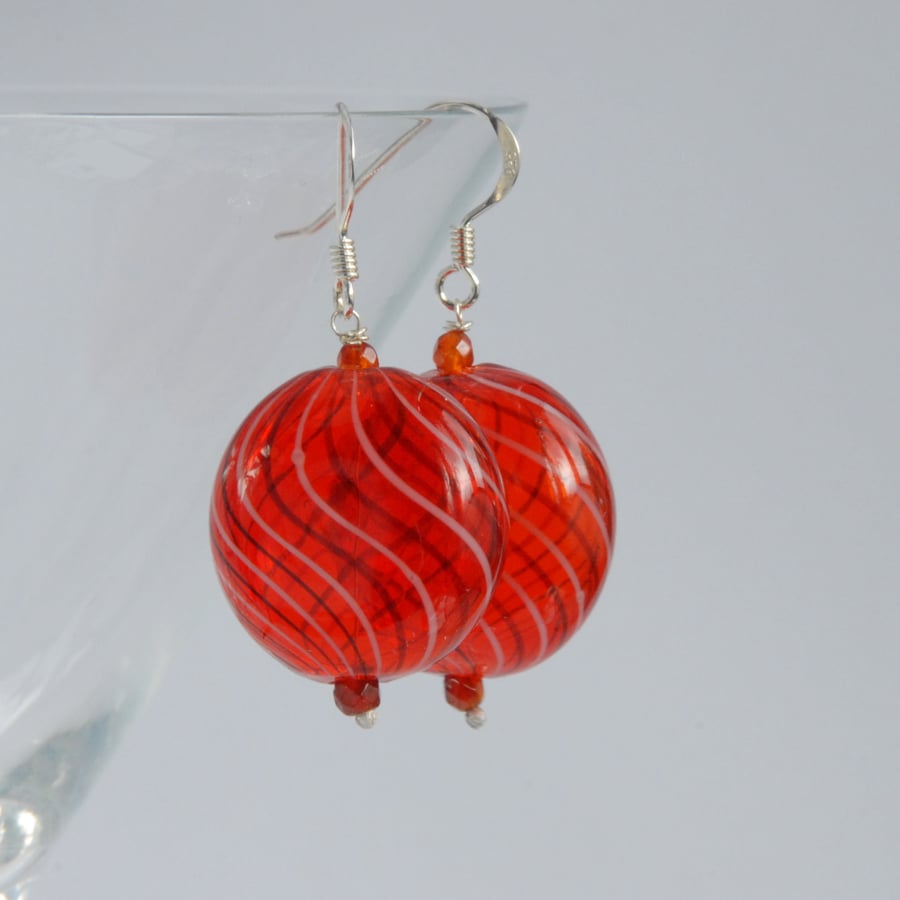 Large blown glass and silver earrings (red with wide black twist)