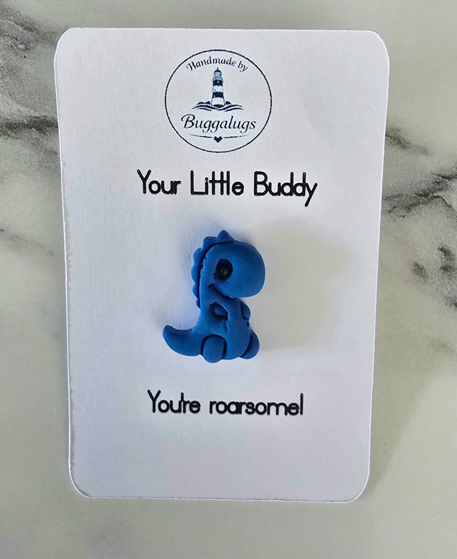 Handmade Dino Buddy blue pin badge - Gift for yourself or a loved one
