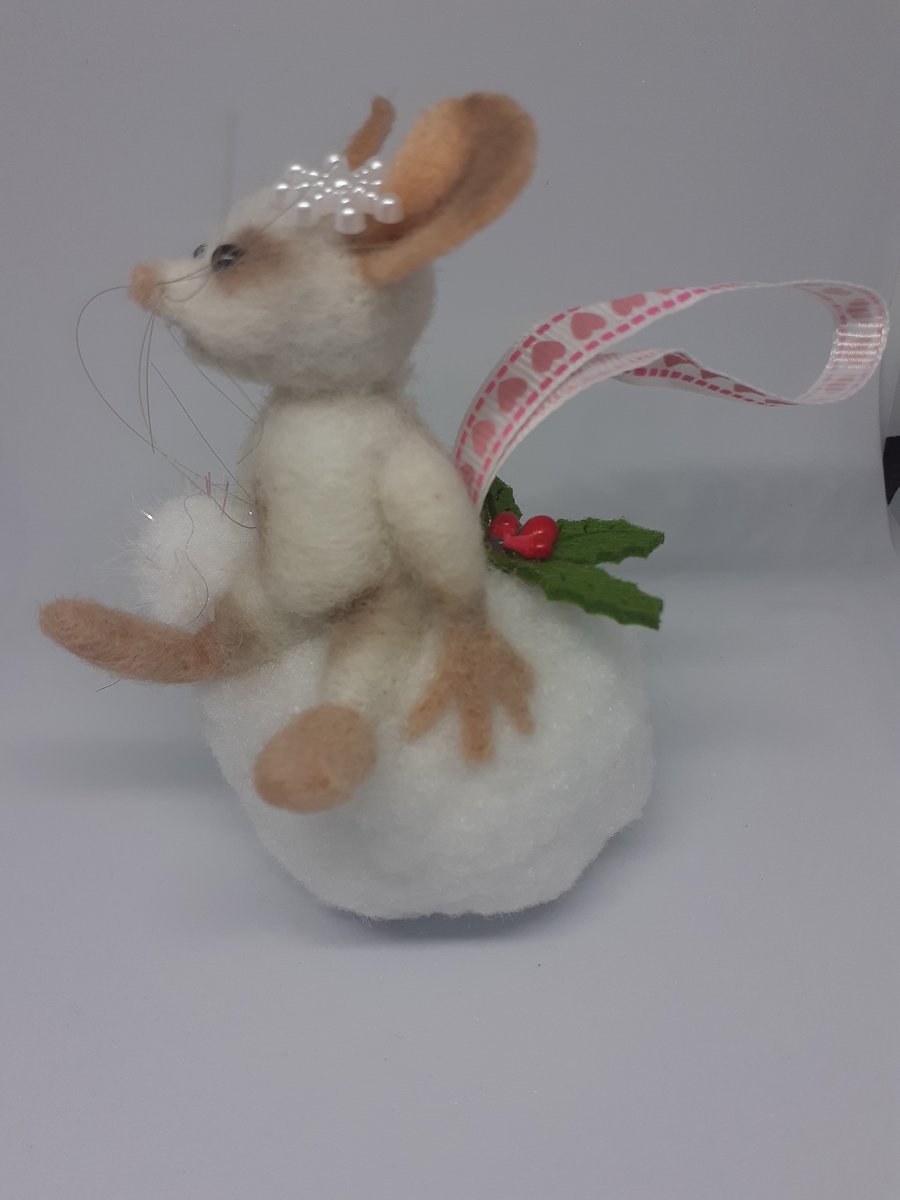 Hanging Needle felted mouse on snowball