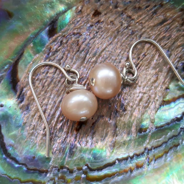 Sterling silver and Pearl Drop Earrings, Peach