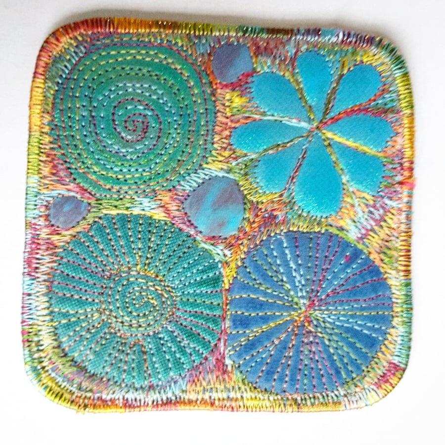 Coaster Drinks Mat Wipe Clean Hand Dyed Free Machine Embroidery Cork Backing