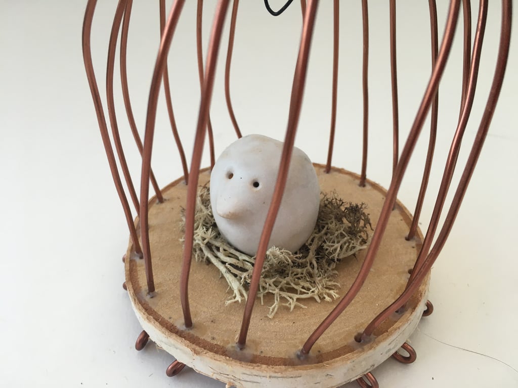 Wire bird cage, wire art sculpture, wire and pottery hanger, fantasy