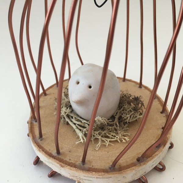Wire bird cage, wire art sculpture, wire and pottery hanger, fantasy